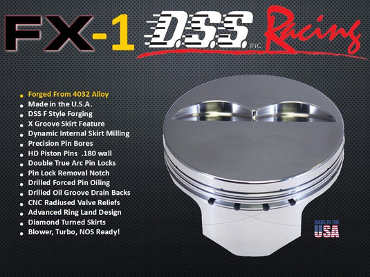 2040-4040 302 Small Block Chevy FX Series -5cc Flat Top  SBC 23 Degree Forged Piston Set 4.040 inch bore   COMP HEIGHT:  1.5