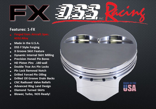 1-2470-4165-408-Small Block Chevy FX1 Series -5cc Flat Top  SBC 23 Degree-Forged-Piston-Set- 4.165 inch bore