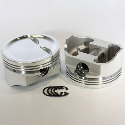 8717-4040 383 Small Block Chevy E Series -18cc Dish Top SBC 23 Degree Forged Piston Set 4.040 inch bore   Pin Dia.:  0.927"   Comp Height:  1.125"